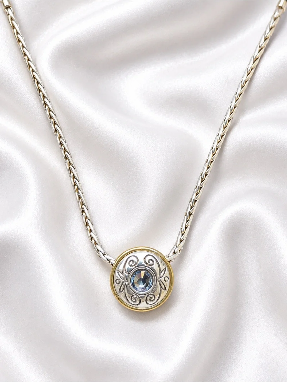 BRIGHTON Blue Crystal Round Decorative Bezel Slide Necklace 17